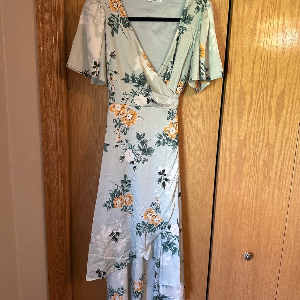 Maternity Floral Wrap Dress in Blue and Orange